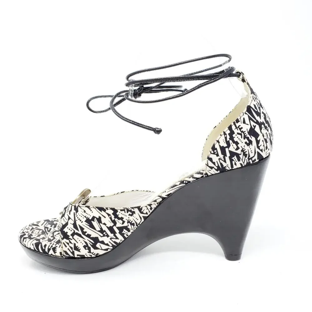 Chanel Canvas Platform Wedge Sandals Ankle Wrap-Around Straps Black White Y2K